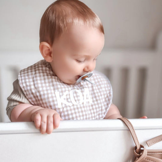 Beige Gingham Personalised round bib