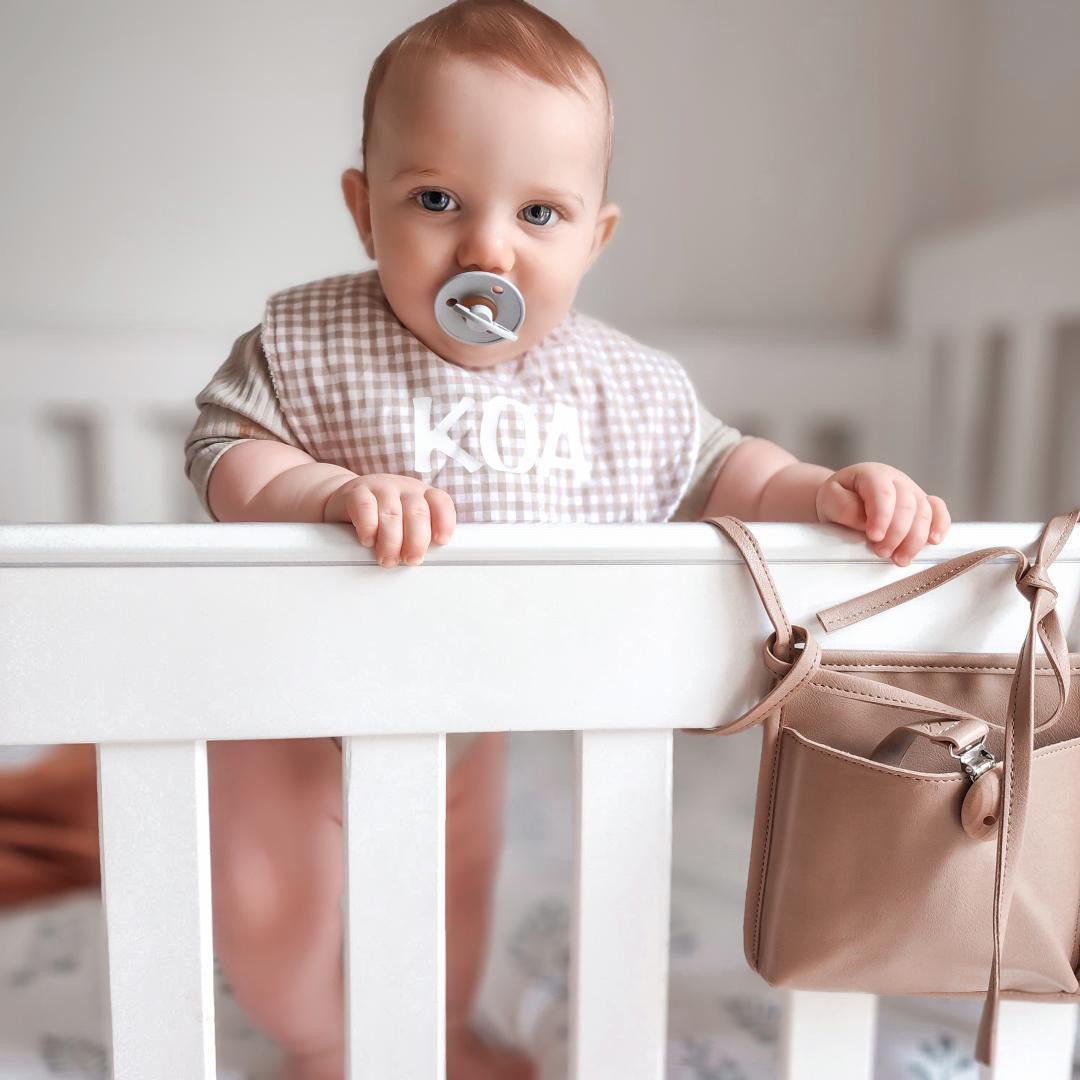 Beige Gingham Personalised round bib